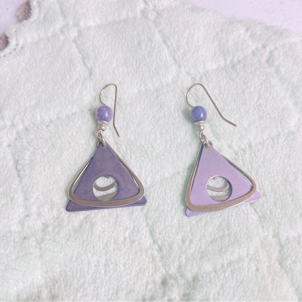 Vintage Purple Geometric Triangle Dangle Earrings with Beads - Picture 4 of 7
